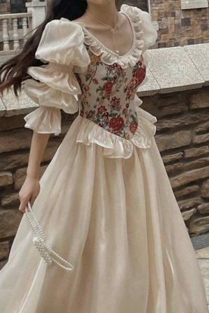 Y2K French Vintage Floral Print Dress | Elegant O-neck Puff Sleeve Midi Dress for Women | Autumn Party Fairy Dress