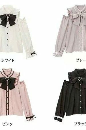 Y2K Frill Blouse with Ribbon Brooch - Elegant Lady My Melody Kuromi Style - S-6XL