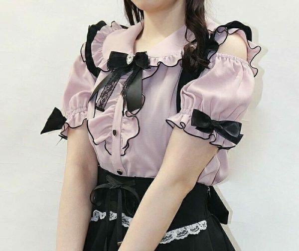 Y2K Frill Off Shoulder Blouse with Large Ribbon Brooch - Elegant Lady My Melody Kuromi Style