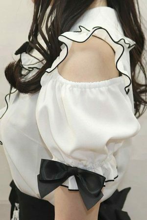 Y2K Frill Off Shoulder Blouse with Large Ribbon Brooch - Elegant Lady My Melody Kuromi Style