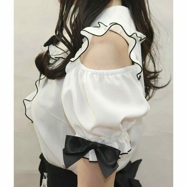 Y2K Frill Off Shoulder Blouse with Large Ribbon Brooch - Elegant Lady My Melody Kuromi Style