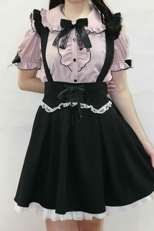 Y2K Frill Off Shoulder Blouse with Large Ribbon Brooch - Elegant Lady My Melody Kuromi Style