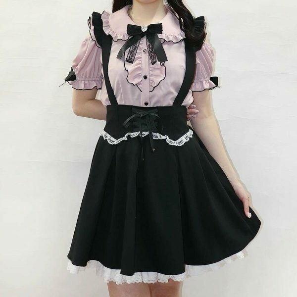 Y2K Frill Off Shoulder Blouse with Large Ribbon Brooch - Elegant Lady My Melody Kuromi Style