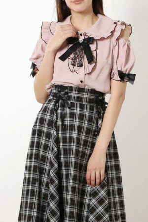 Y2K Frill Off Shoulder Blouse with Large Ribbon Brooch - Elegant Lady My Melody Kuromi Style