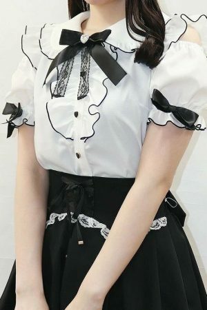 Y2K Frill Off Shoulder Blouse with Large Ribbon Brooch - Elegant Lady My Melody Kuromi Style