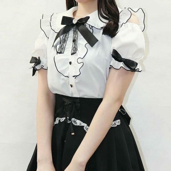 Y2K Frill Off Shoulder Blouse with Large Ribbon Brooch - Elegant Lady My Melody Kuromi Style