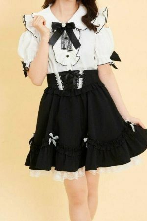 Y2K Frill Off Shoulder Blouse with Large Ribbon Brooch - Elegant Lady My Melody Kuromi Style