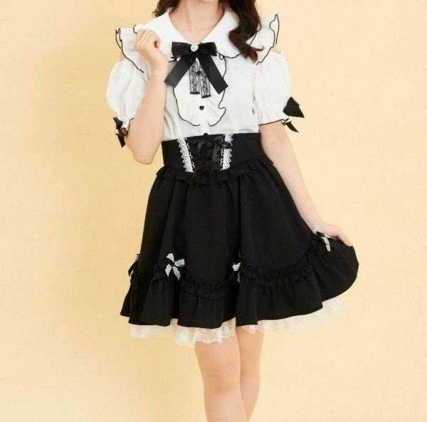 Y2K Frill Off Shoulder Blouse with Large Ribbon Brooch - Elegant Lady My Melody Kuromi Style