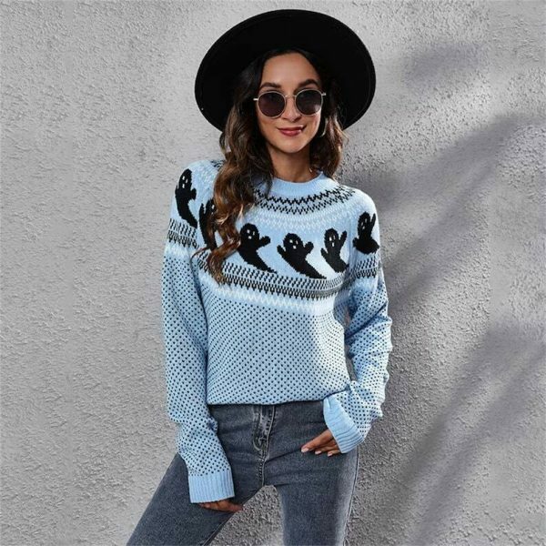 Y2K Ghost Print Long Sleeve Knit Sweater for Streetwear Fashion