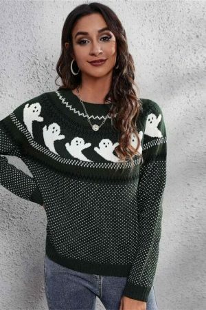 Y2K Ghost Print Long Sleeve Knit Sweater for Streetwear Fashion