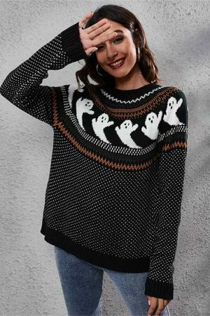 Y2K Ghost Print Long Sleeve Knit Sweater for Streetwear Fashion