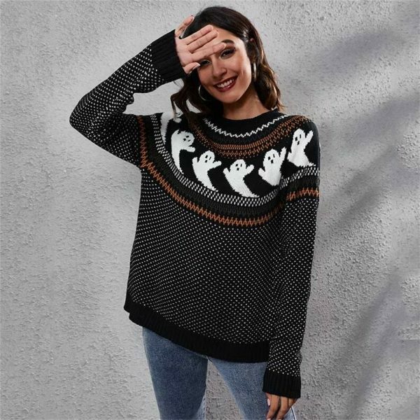 Y2K Ghost Print Long Sleeve Knit Sweater for Streetwear Fashion