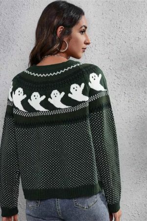 Y2K Ghost Print Long Sleeve Knit Sweater for Streetwear Fashion