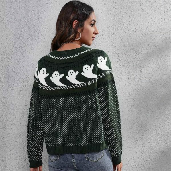 Y2K Ghost Print Long Sleeve Knit Sweater for Streetwear Fashion