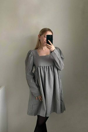 Y2K Gingham Babydoll Dress with Long Sleeves