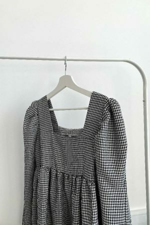 Y2K Gingham Babydoll Dress with Long Sleeves