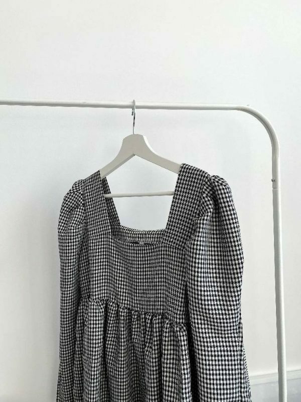 Y2K Gingham Babydoll Dress with Long Sleeves