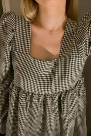 Y2K Gingham Babydoll Dress with Long Sleeves