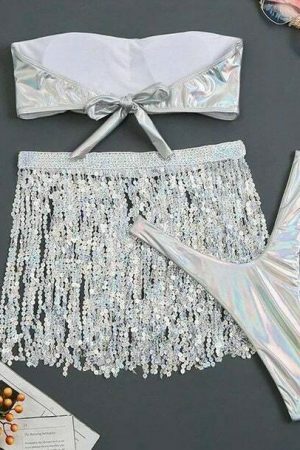 Y2K Glitter Bikini Set: Laser Tube Top, Sequin Tassel Skirt, Thong - Streetwear & Festival Fashion