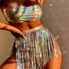 Y2K Glitter Bikini Set: Laser Tube Top, Sequin Tassel Skirt, Thong - Streetwear & Festival Fashion