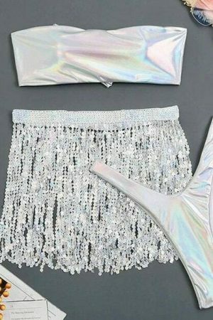 Y2K Glitter Bikini Set: Laser Tube Top, Sequin Tassel Skirt, Thong - Streetwear & Festival Fashion