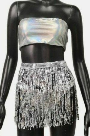 Y2K Glitter Bikini Set: Laser Tube Top, Sequin Tassel Skirt, Thong - Streetwear & Festival Fashion