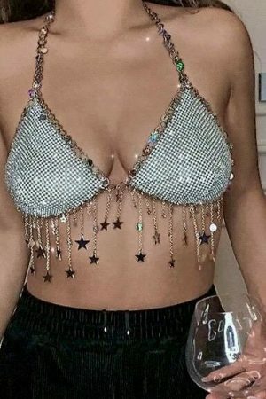 Y2K Glitter Rhinestone Star Tassel Tank Top - Sexy Backless V Neck Halter Camisole for Women