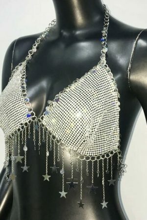 Y2K Glitter Rhinestone Star Tassel Tank Top - Sexy Backless V Neck Halter Camisole for Women