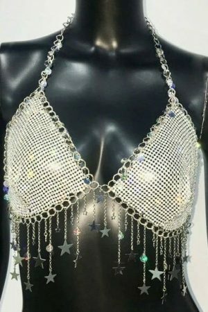 Y2K Glitter Rhinestone Star Tassel Tank Top - Sexy Backless V Neck Halter Camisole for Women