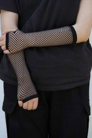 Y2K Goth Black Fishnet Arm Sleeve & Steampunk Fingerless Gloves