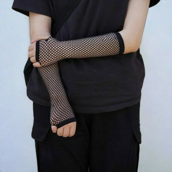 Y2K Goth Black Fishnet Arm Sleeve & Steampunk Fingerless Gloves