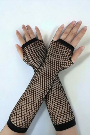 Y2K Goth Black Fishnet Arm Sleeve & Steampunk Fingerless Gloves