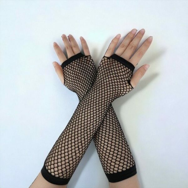 Y2K Goth Black Fishnet Arm Sleeve & Steampunk Fingerless Gloves