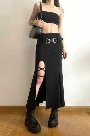 Y2K Goth Punk Lace-up Flared Pleated Skirt with Belt