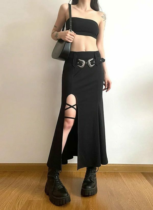 Y2K Goth Punk Lace-up Flared Pleated Skirt with Belt