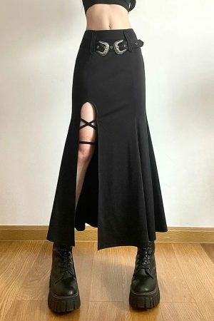 Y2K Goth Punk Lace-up Flared Pleated Skirt with Belt