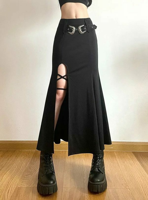 Y2K Goth Punk Lace-up Flared Pleated Skirt with Belt