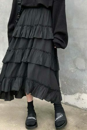 Y2K Gothic High Waisted Ruffle Maxi Skirt