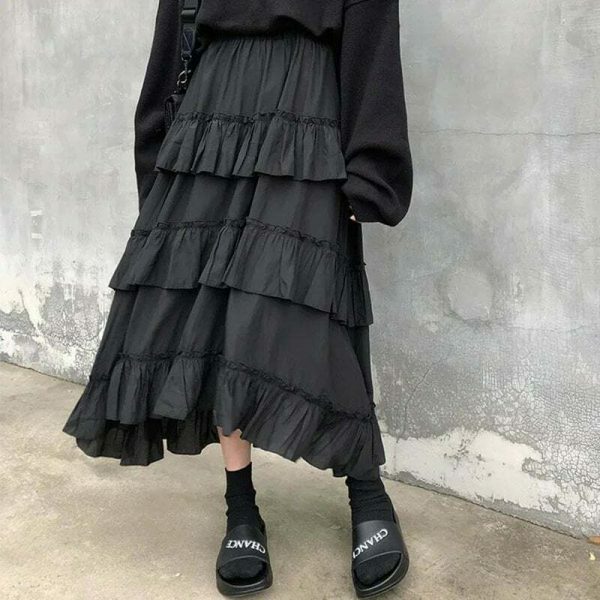 Y2K Gothic High Waisted Ruffle Maxi Skirt