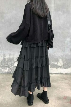 Y2K Gothic High Waisted Ruffle Maxi Skirt