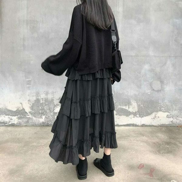 Y2K Gothic High Waisted Ruffle Maxi Skirt