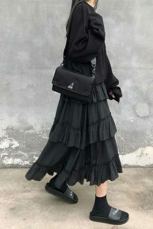 Y2K Gothic High Waisted Ruffle Maxi Skirt