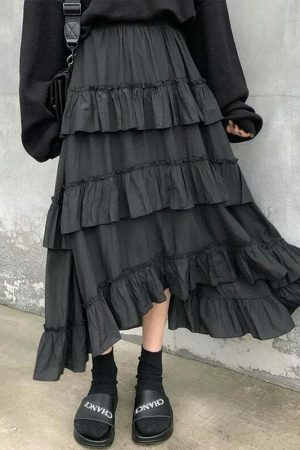 Y2K Gothic High Waisted Ruffle Maxi Skirt