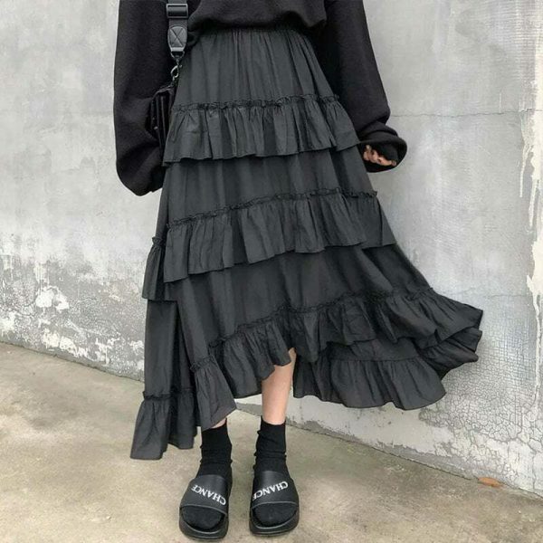 Y2K Gothic High Waisted Ruffle Maxi Skirt