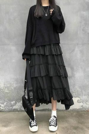 Y2K Gothic High Waisted Ruffle Maxi Skirt