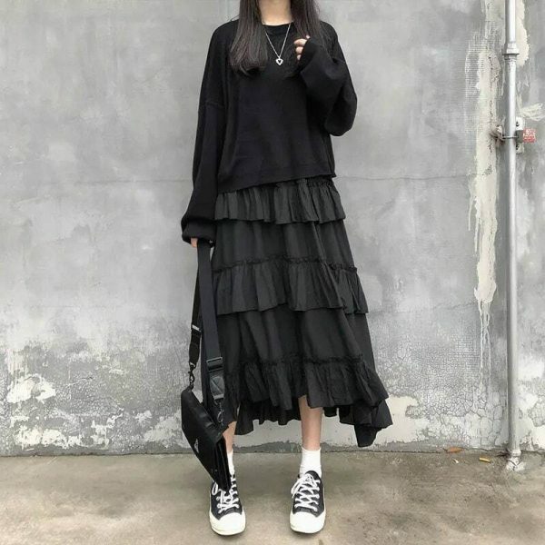 Y2K Gothic High Waisted Ruffle Maxi Skirt