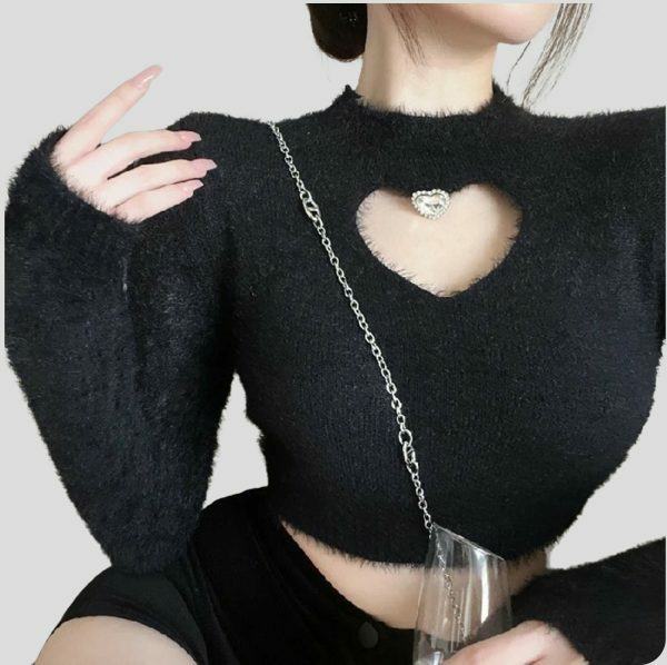 Y2K Gothic Winter Crop Top, Warm Hollow Out Shirt, Slim Fit Boho Blouse