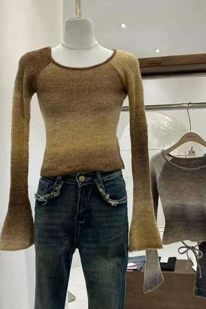 Y2K Gradient Knitted Cropped Sweater with Open Back