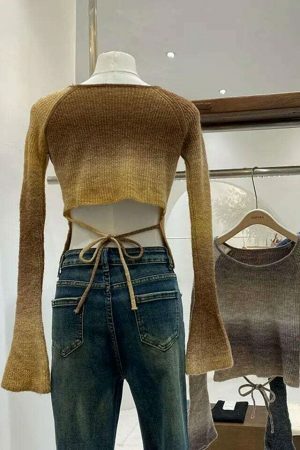 Y2K Gradient Knitted Cropped Sweater with Open Back