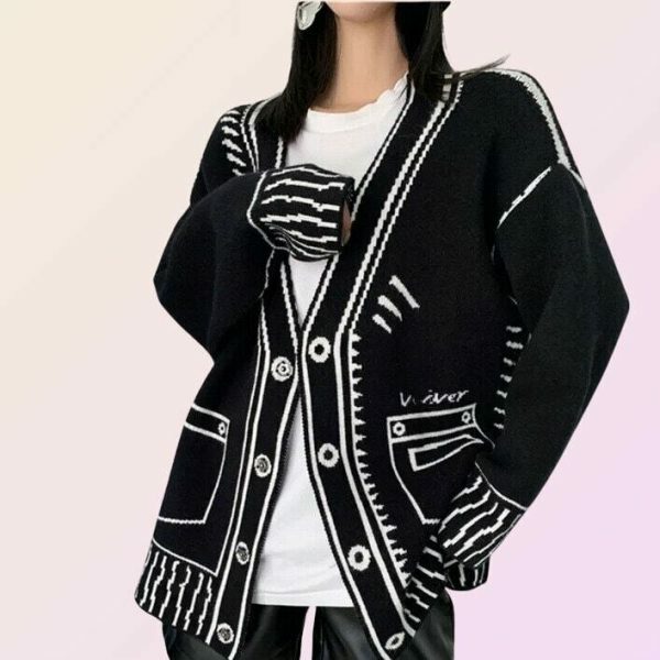 Y2K Graffiti Print Oversized Knitted Cardigan